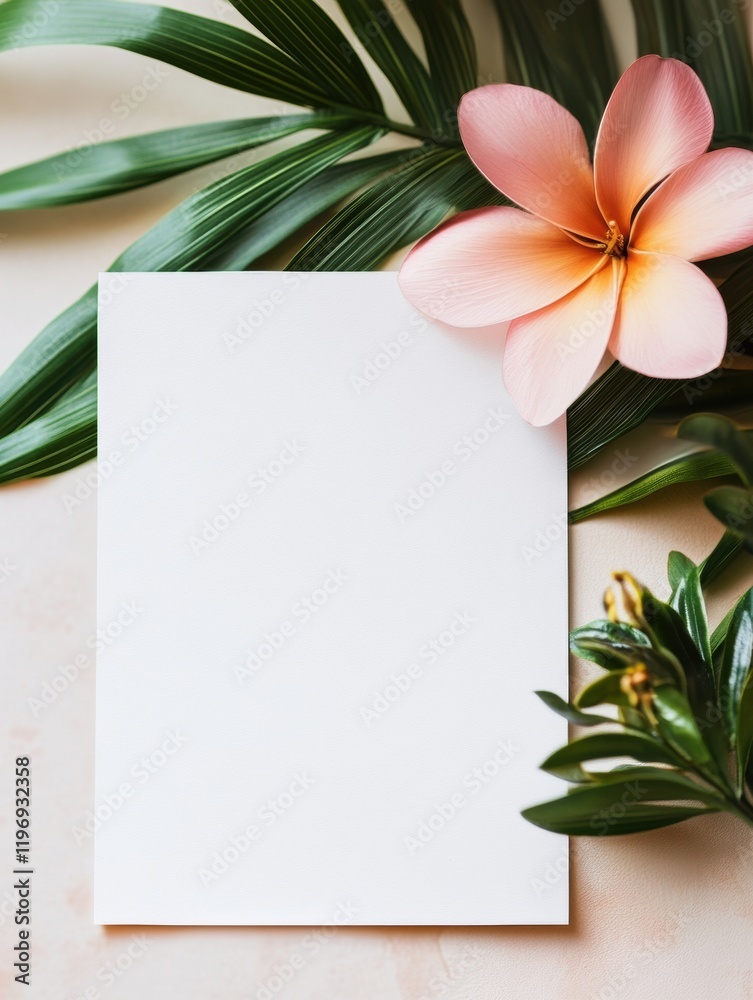 Poster blank paper placed on leaves with a pink flower for creative designs and text mockups. generative ai