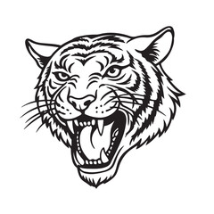 Angry tiger head with roaring mouth hand drawn sketch engraving style vector illustration.