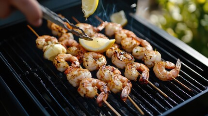 Naklejka premium Person is cooking shrimp skewers on a grill with lemon slices. Concept of relaxation and enjoyment, as the person is preparing a delicious meal outdoors. The combination of shrimp