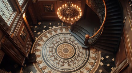 Obraz premium A grand entryway featuring a spiral staircase, intricate mosaic flooring, and a statement chandelier. 