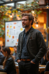 Fototapeta premium A bright open-space office where a newly promoted manager stands before a whiteboard, presenting career strategies to a small team,