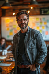 Obraz premium A bright open-space office where a newly promoted manager stands before a whiteboard, presenting career strategies to a small team,