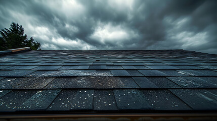Close-up of neglected hail damage on a shingle roof, resulting in severe leaks and rot, rainwater seeping through, dramatic dark clouds overhead