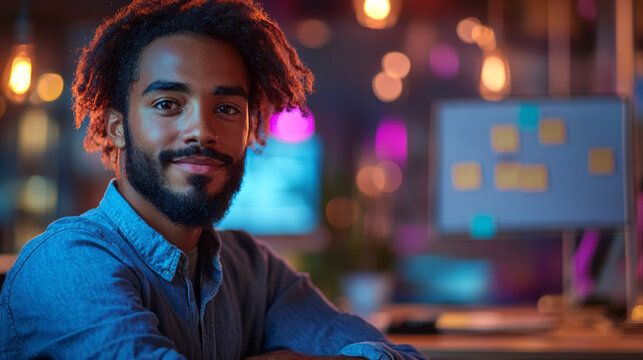 A creative coworking area with diverse colleagues collaborating around a table, mood boards and sticky notes indicating ambitious project goals,