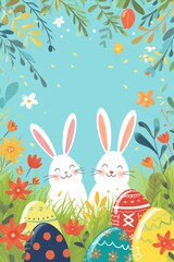 Playful Easter Scene With White Bunnies and Decorated Eggs in a Spring Setting