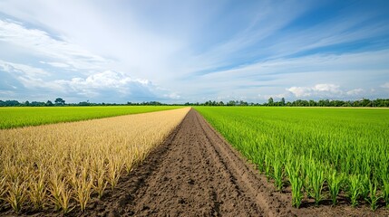 Golden and Green Rice Paddy Fields Rural Landscape Scenery Bright Sunny Day Agricultural Farmland Countryside Nature Photography Vibrant Colors Beautiful       