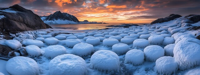 Fototapeta premium Snowy Beach with Frozen Rocks