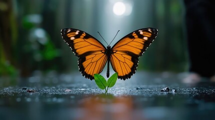 Naklejka premium Butterfly on sprout, forest path, moonlit night, nature scene, environmental conservation