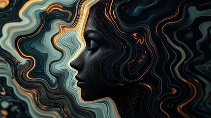 Abstract Digital Glitch Art Portrait Design, Fluid Shapes, Teal, White, Gray, Black, Mysterious Figure Silhouette, Otherworldly Atmosphere, Modern Graphic Art