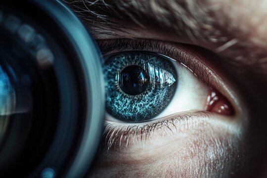 A person's eye with a camera lens in focus, great for photography or tech related uses