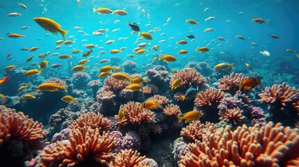Fototapeta premium underwater scene, vibrant coral reef teeming with exotic fish, bright saturated colors, energetic movement 