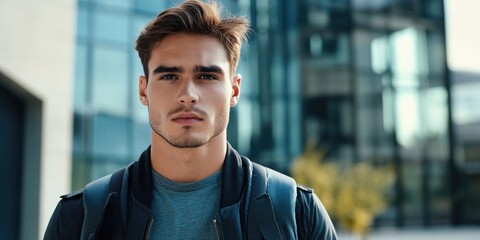 Obraz premium Young man wearing a backpack, possibly at a university or college