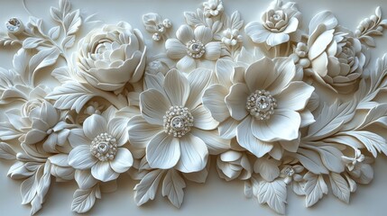 Elegant 3D Floral Relief Wall Art in White Color Showcasing Exquisite Detailing and Textures for Home Decor