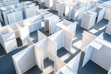 Obraz premium Aerial view of white cubicles arranged in an office, creating geometric patterns and adding depth to the scene