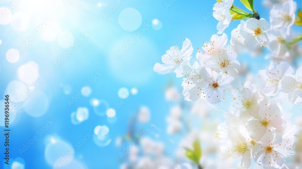 Poster Bright blue sky with blooming white flowers creating a serene atmosphere for creative text placement and design. Generative AI