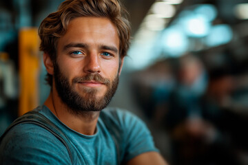 Obraz premium Young man with blue eyes and beard smiling in a modern industrial setting