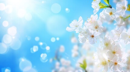 Bright blue sky with blooming white flowers creating a serene atmosphere for creative text placement and design. Generative AI