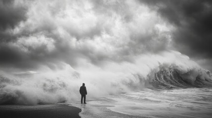 Obraz premium Solitary Figure Contemplates Immense Ocean Waves Fury