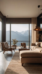 Fototapeta premium Earth Tone Interior with Soft Morning Sunlight and Gorgeous Mountain View in European Living Room Interior Design Inspiration