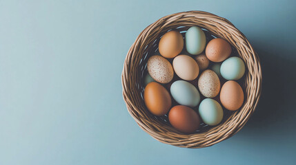 Colorful eggs in a woven basket for an upcoming spring celebration