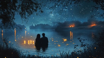 A serene lakeside scene with a couple watching the reflection