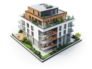 A three-story residential apartment building with green roof, balconies, and outdoor seating areas. The contemporary design features large windows for ample natural light.