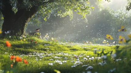 A serene spring morning with dew on grass, flowers blooming