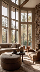 Fototapeta premium Scenic Mountain View from a Beautiful Earth Tone European Living Room Bathed in Morning Sunlight Interior Design Inspiration