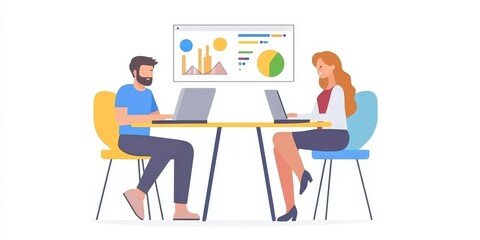 Businessman and businesswoman sitting at table in front of laptop and working. Graphs,charts and diagrams on PC screen., Generative AI