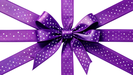 Elegant wrapped purple ribbon with white polka dots isolated on transparent background. Cut out