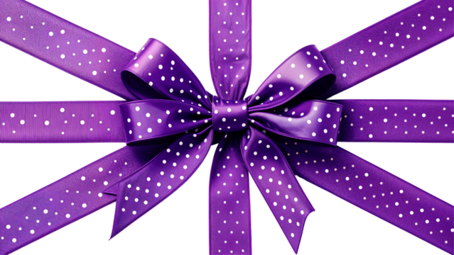 Elegant wrapped purple ribbon with white polka dots isolated on transparent background. Cut out
