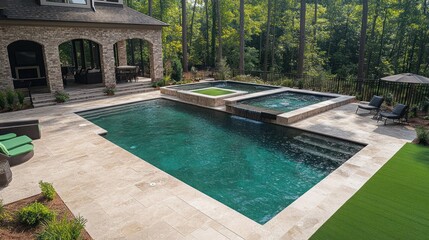 Luxury Backyard Oasis:  Geometric Pool and Spa with Travertine Surround