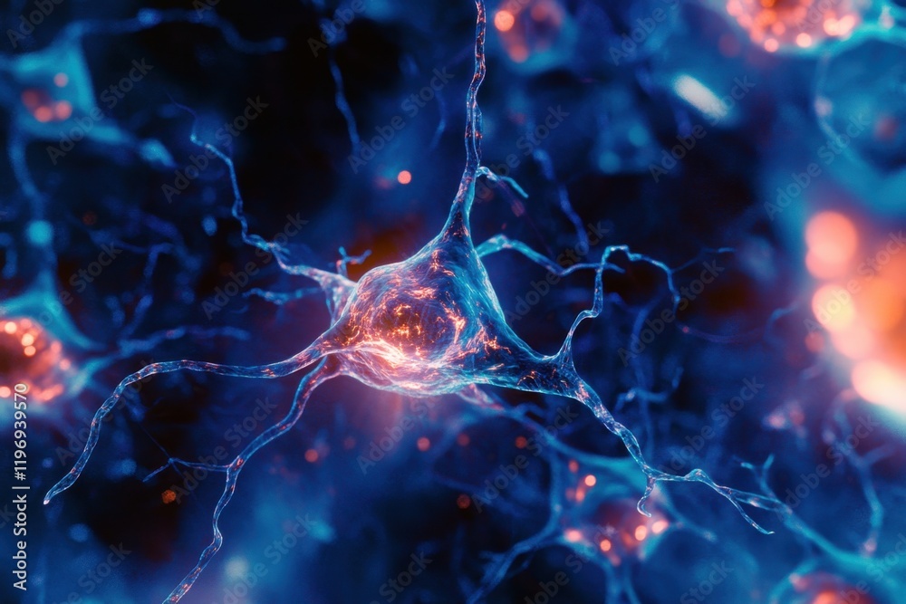 Poster close-up view of a neuron exhibiting intricate branching structures