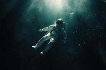 Fototapeta premium Astronaut floating in space illuminated by distant cosmic light