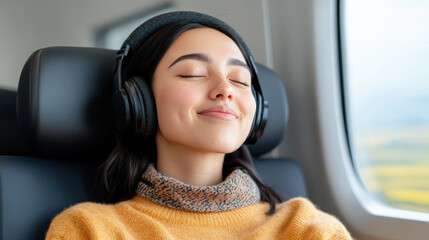 Arabian tourist woman enjoy music while traveling by executive class fast train