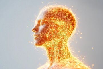 A human figure made of glowing neural networks, visualizing a conceptual representation of the nervous system or artificial intelligence on a light background