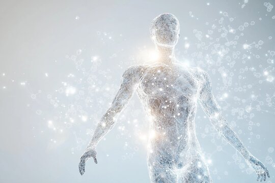 A human figure with a translucent body composed of glowing cells surrounded by microscopic particles, symbolizing health, immunity, and the complexity of biological systems