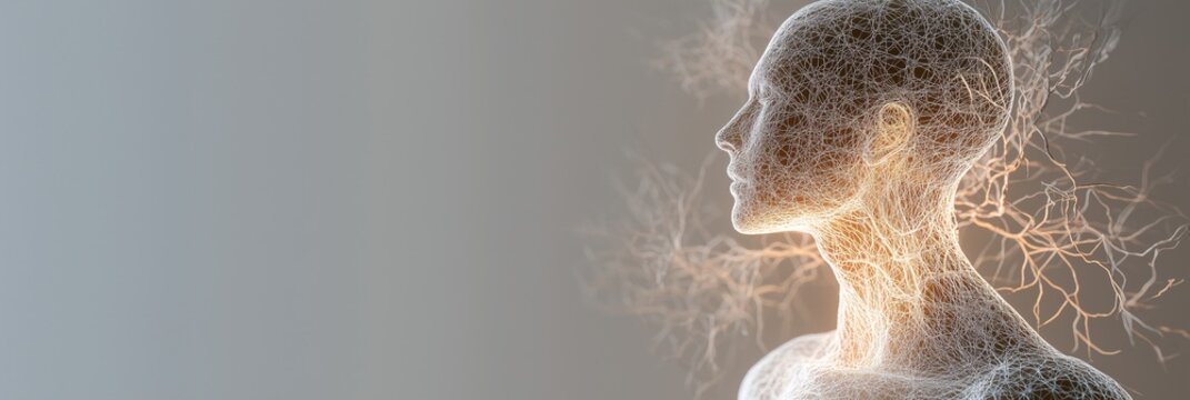 A human figure made of glowing neural networks, visualizing a conceptual representation of the nervous system or artificial intelligence on a light background