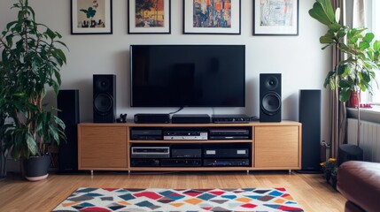 Fototapeta premium A minimalist TV area with a slim console, hidden cable management, and a geometric area rug for flair. 