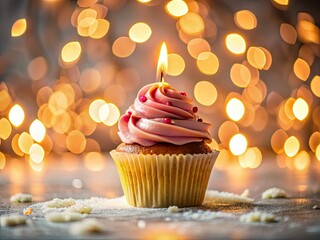 Close-up of a frosted cupcake, bathed in candlelight, a delicious birthday treat.
