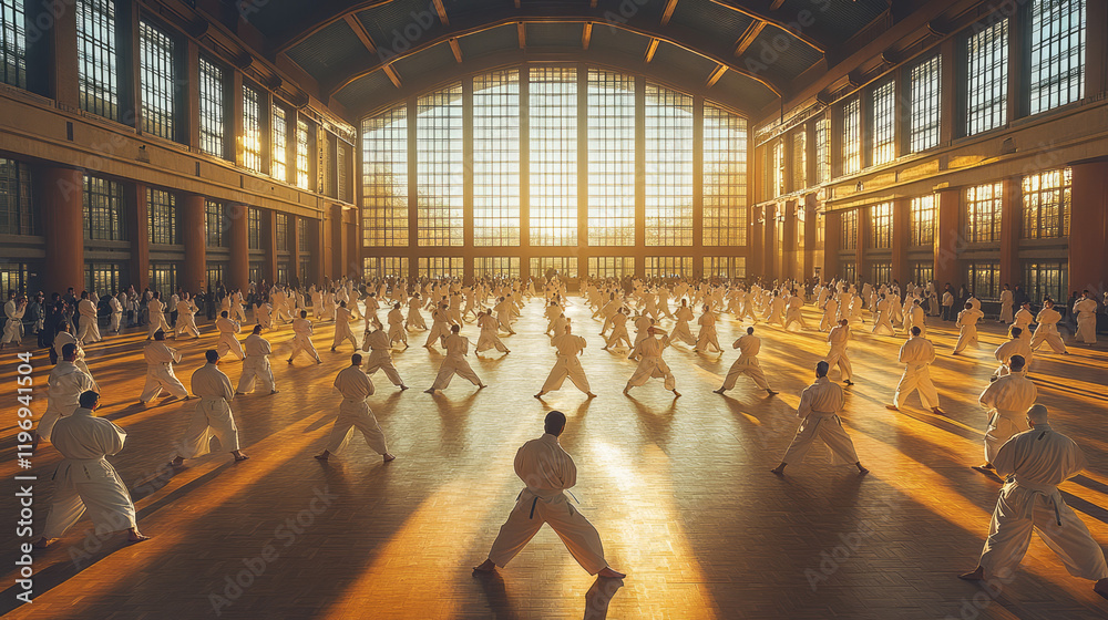 Aufkleber an aerial view of a large training hall filled with practitioners performing a coordinated group kat