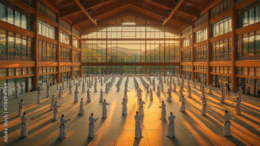 Aufkleber an aerial view of a large training hall filled with practitioners performing a coordinated group kat