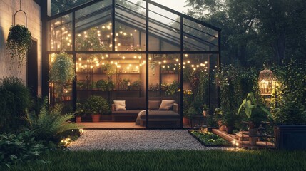 Obraz premium A modern greenhouse with glass walls, hanging planters, a cozy seating nook, and twinkling fairy lights. 