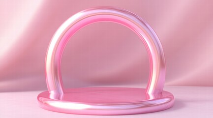 3D render of a simple, minimal pink podium in the shape of an arch on a pastel background