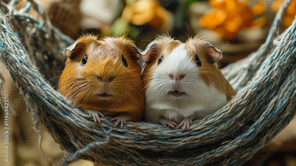 Poster a pair of guinea pigs exploring their elaborate cage setup, complete with tunnels and hideouts,