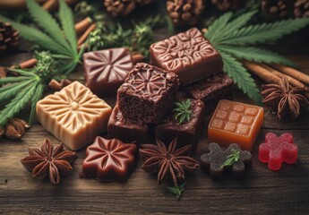 An Array of Artisan Chocolates and Gummies Arranged on a Rustic Wooden Surface Surrounded by Natural Elements Including Leaves, Spices, and Pine Cones