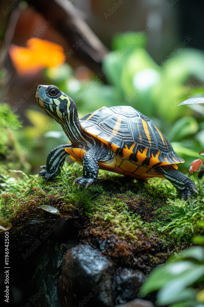 Poster a charming scene of a turtle slowly making its way across a terrarium filled with natural elements,