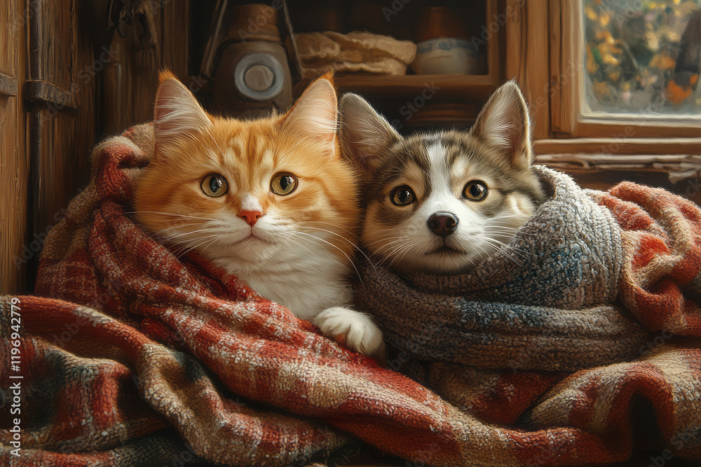 Aufkleber A playful scene of a cat and dog engaging in a friendly game of hide and seek in a cozy home setting,
