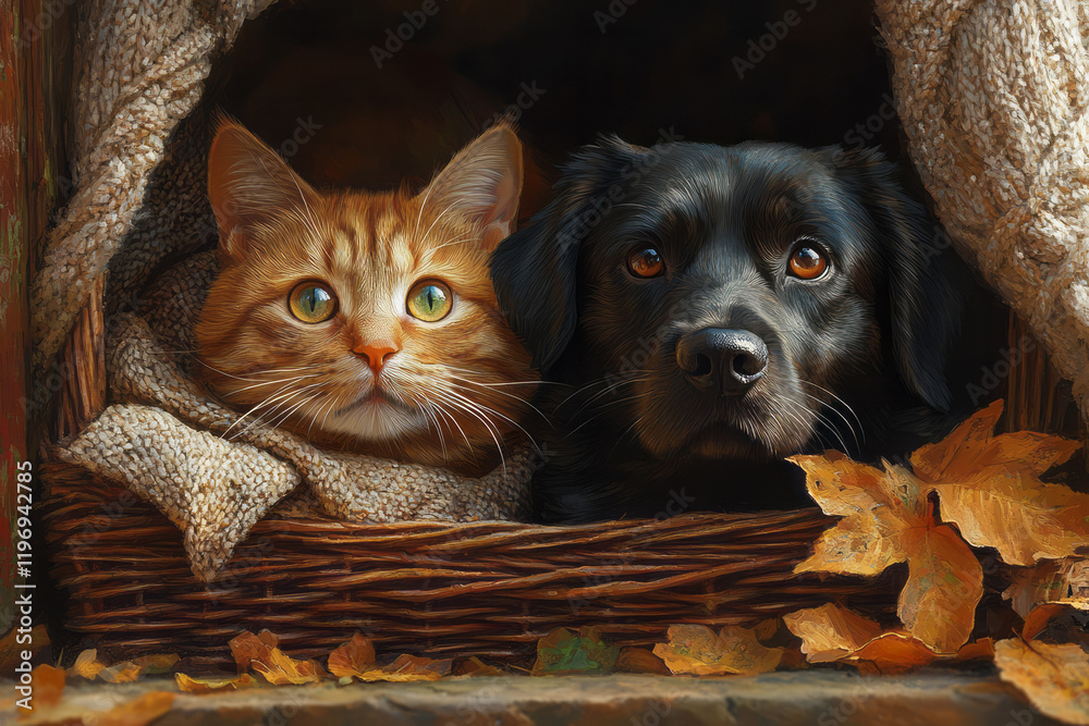 Aufkleber A playful scene of a cat and dog engaging in a friendly game of hide and seek in a cozy home setting,