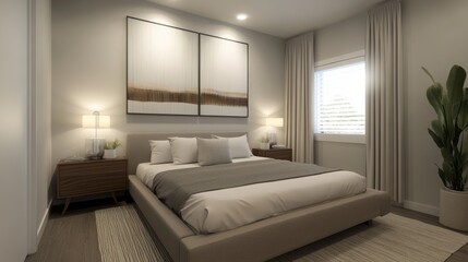 A modern minimalist bedroom with low-profile furniture, abstract artwork, and neutral bedding. 
